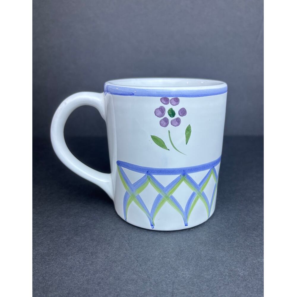 Vintage Caleca Italy Hand-painted Ceramic Mug Floral and Lattice Design 14 oz